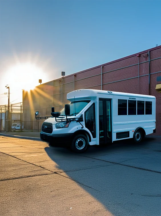 White shuttle bus parked next to a prison near Pittsburgh